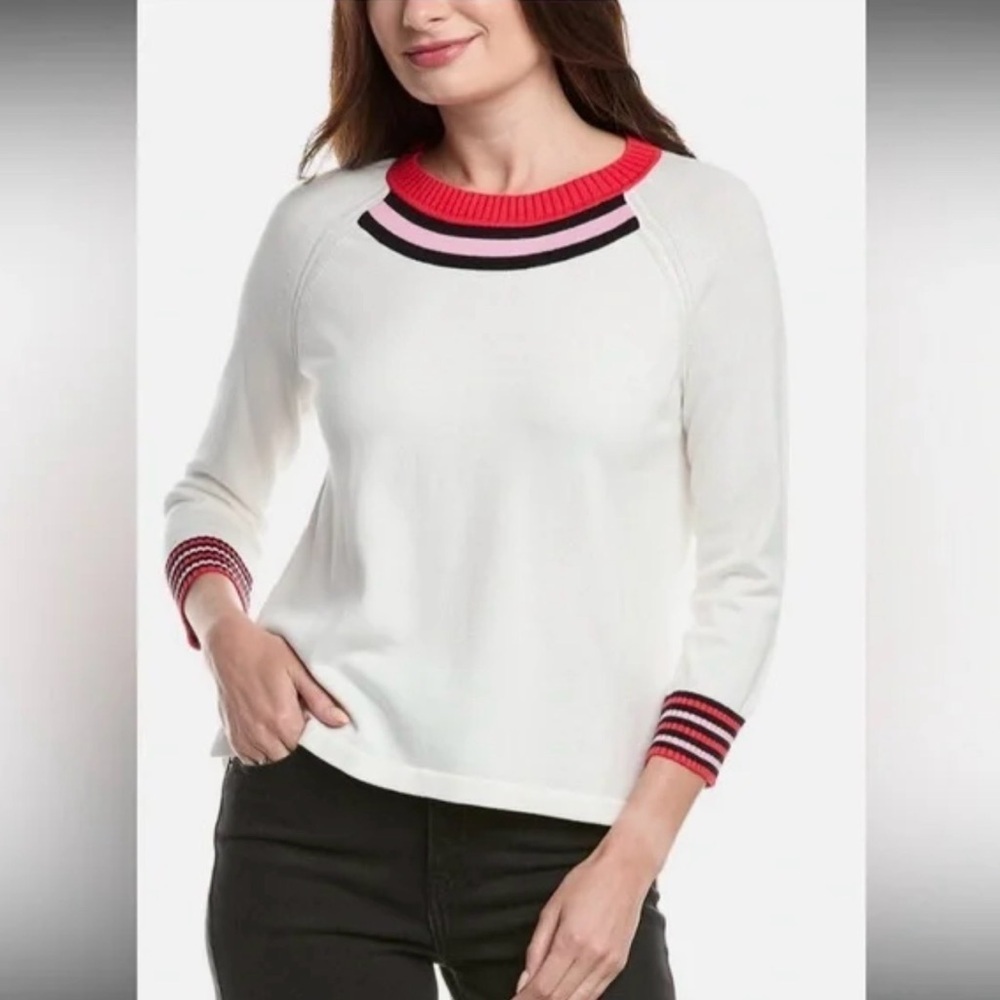 CABI S #6446 Pickleball white-red crew neck cotton mix preppy academic pullover